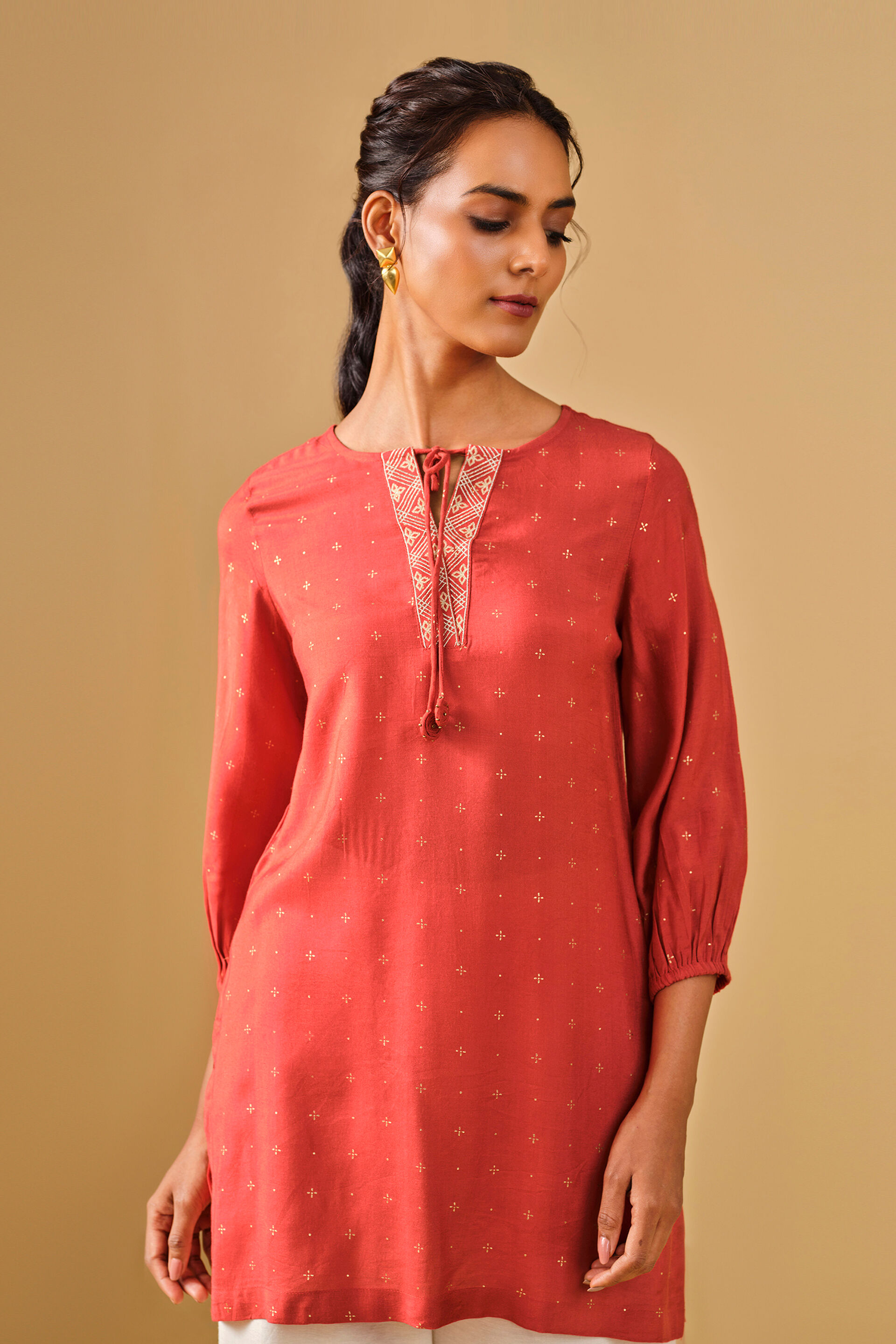 Embroidered Viscose Rust Tunic, Rust, image 4